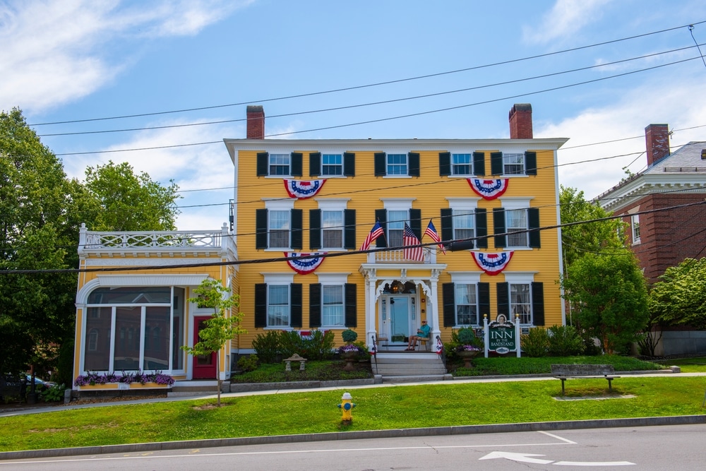 The exterior of the Inn by the Bandstand, a upscale Exeter, New Hampshire Bed and Breakfast and the perfect place to enjoy New Hampshire in fall