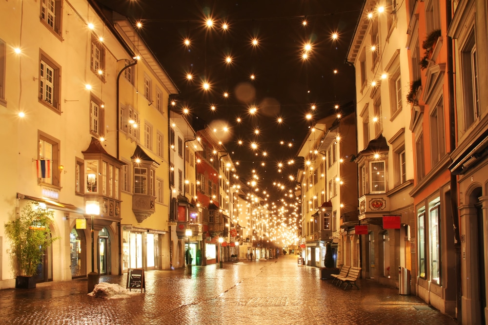 A spectacularly lit winter scene in historic downtown Exeter, NH.